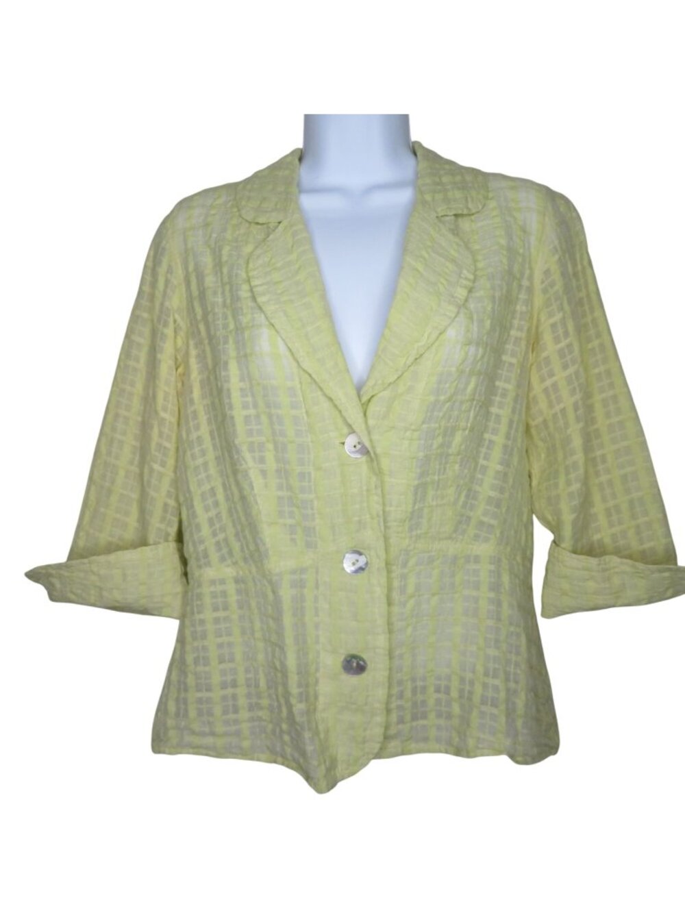 Vintage Womens Sheer Yellow Plaid Button-Up Blouse Jacket Lightweight USA Made